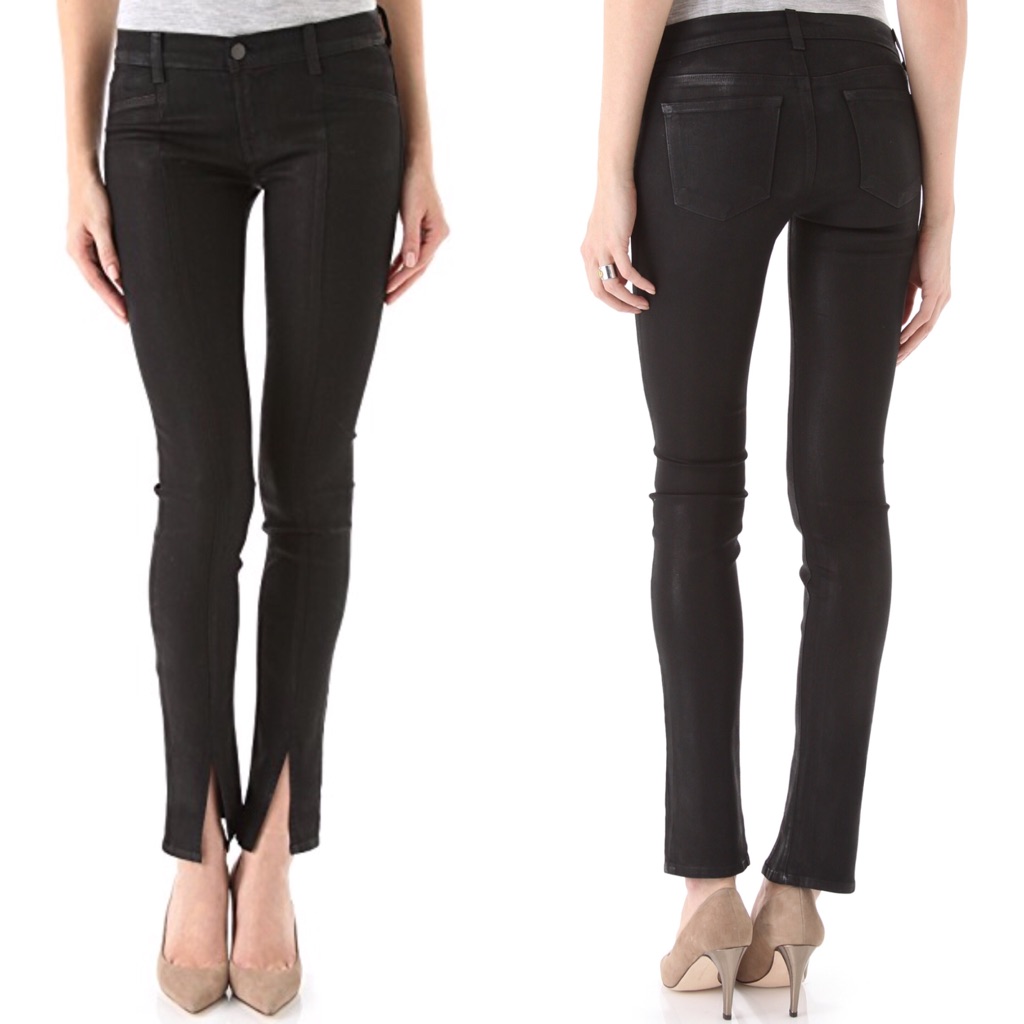 J Brand Black “Vera” Slit Hem Coated Skinny Jeans Bikercore Leather-Like Jeans